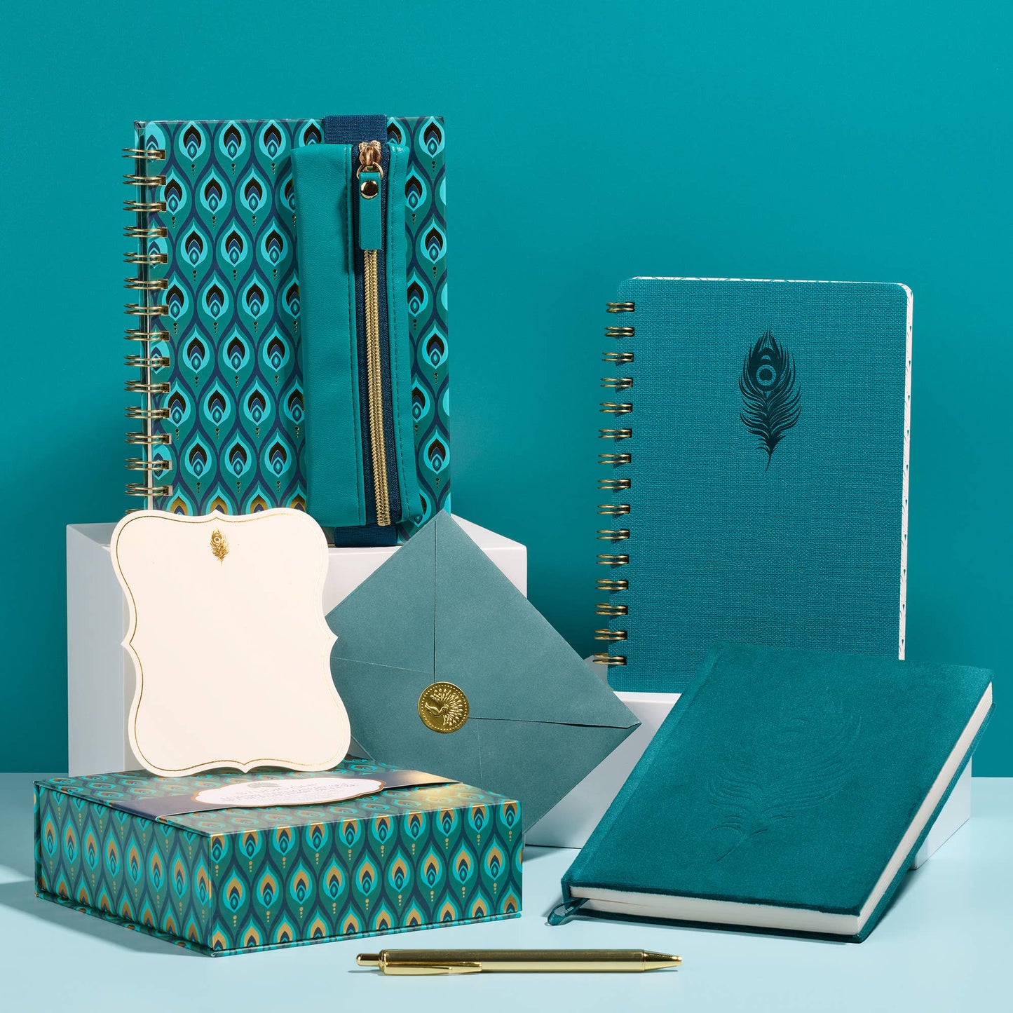Peacock Blue Feather Olivia Velvet A5 Journal