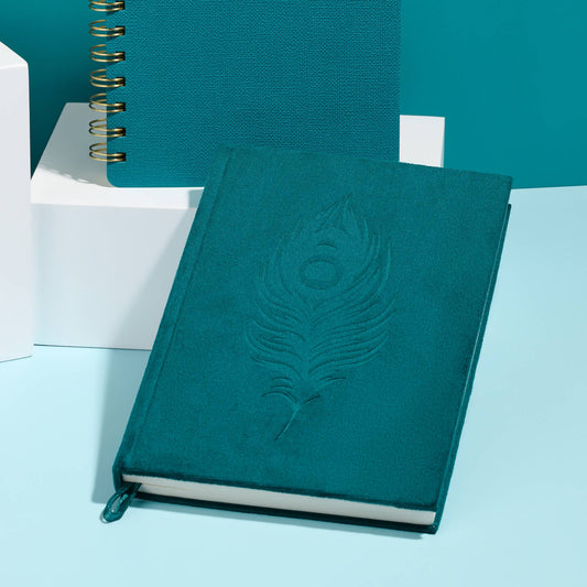 Peacock Blue Feather Olivia Velvet A5 Journal